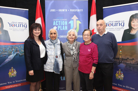 Seniors finally have the cash to build a centre of their own in South Vancouver. MP Wai Young with community and seniors advocates Mohinder Sidhu, Lorna Gibbs, Shin Wan Hon and Keith Jacobs at the Killarney Community Centre in January 2014. photo: Contributed