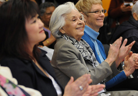 MP Wai Young (left) announced funding of $2.5 million for a seniors centre yesterday morning much to the delight of seniors advocate Lorna Gibbs (centre), who has been lobbying for years to have such a facility built in Southeast Vancouver. Dan Toulgoet